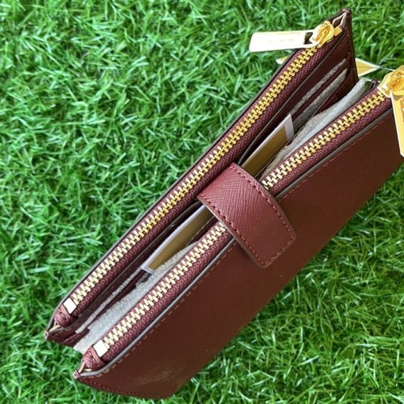 Michael Kors Jet Set Travel Large Double Zip Wristlet Wallet Dark Cherry Leather - Picture 6 of 16